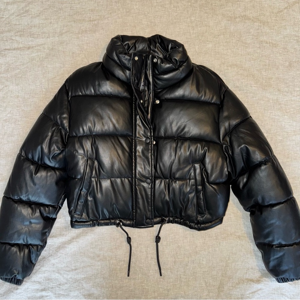 Bershka Faux Leather Black Puffer Jacket
